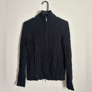 Black Double Zipper Cable Knit Sweater With Pockets